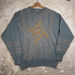 Vintage 80s Gabicci Sweater Pullover Men's Large Blue Geometric Wool Blend Italy